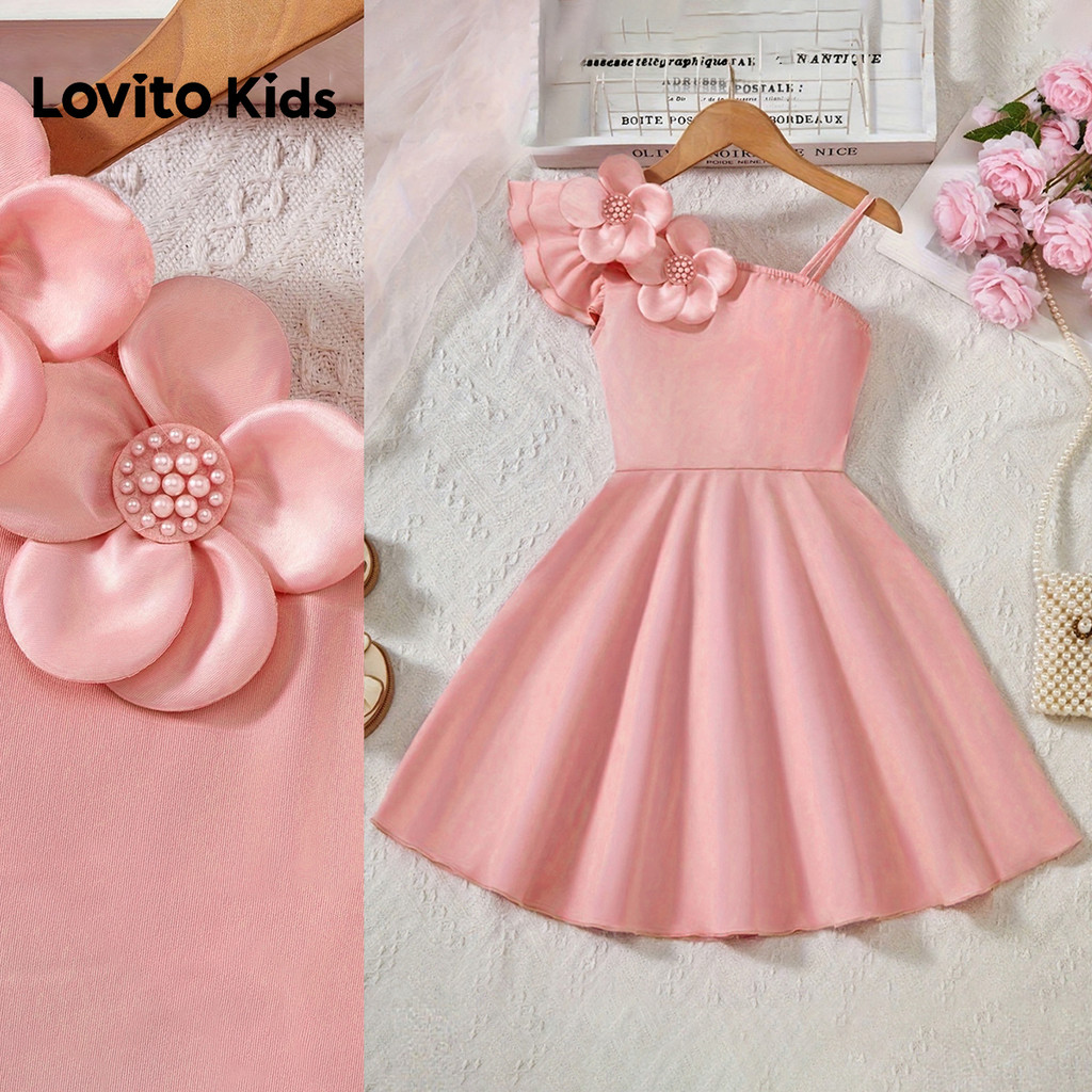 Lovito Vestido Infantil Elegante Apliques E Babados Rosa Para Meninas Formaturas Aniversários Primavera/verão L174LD140 em Oferta na Shopee