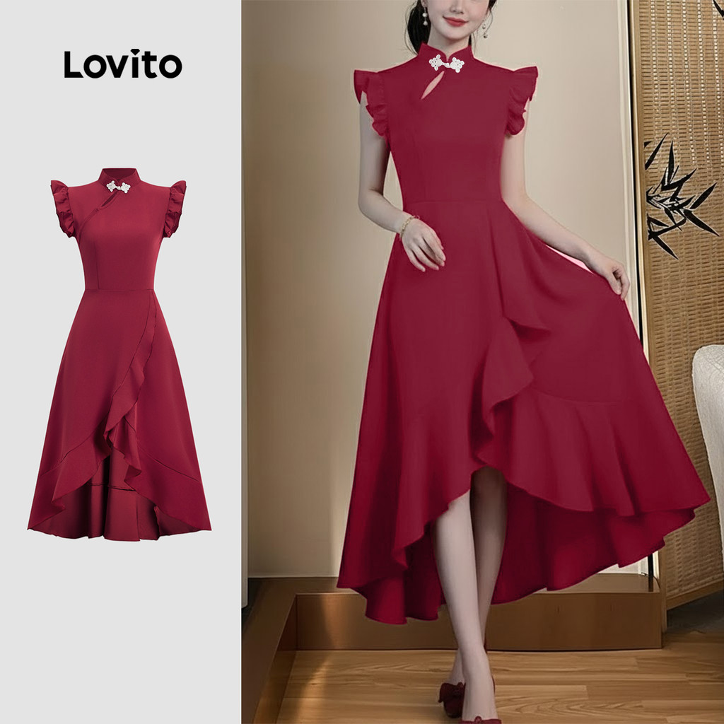 Lovito Vestido Elegante De Festa Com Botões Estilo Chinês Cor Vinho Para Mulheres Ideal Para a Primavera/verão LK2ED453 em Oferta na Shopee