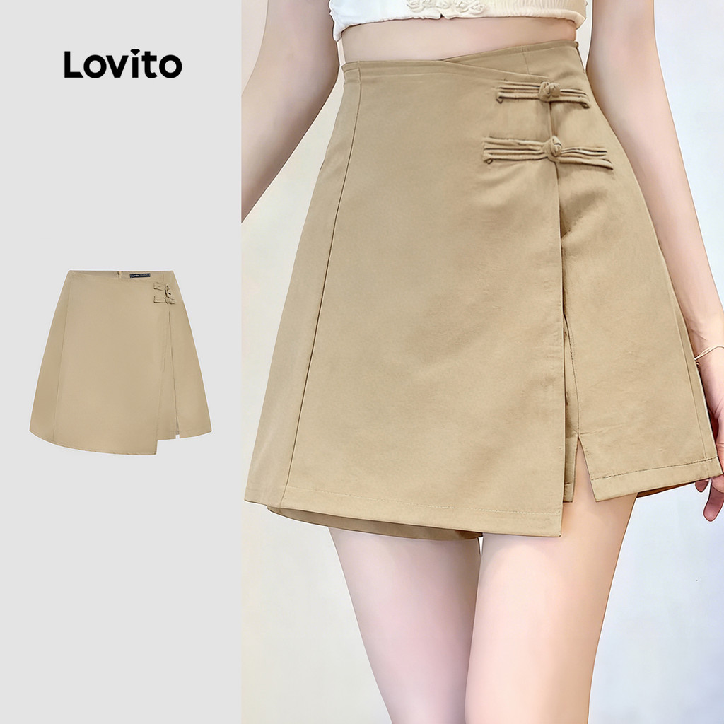 Lovito Shorts Elegantes Estilo Chinês Novo Botões Primavera/Verão Khaki para Mulheres L165ED1450 em Oferta na Shopee