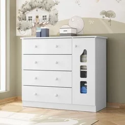 Cômoda Infantil 100% MDF 4 Gavetas e 1 Porta com Cabideiro Lívia Branco Branco