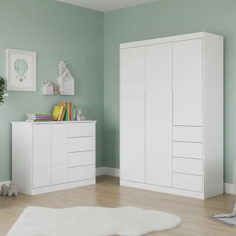 Quarto Infantil Guarda-Roupa 3 Portas 4 Gavetas e Cômoda 4 Portas 100% MDF Eloá Branco  Branco em Oferta na Shopee