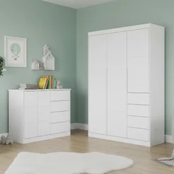 Quarto Infantil Guarda-Roupa 3 Portas 4 Gavetas e Cômoda 4 Portas 100% MDF Eloá Branco Branco