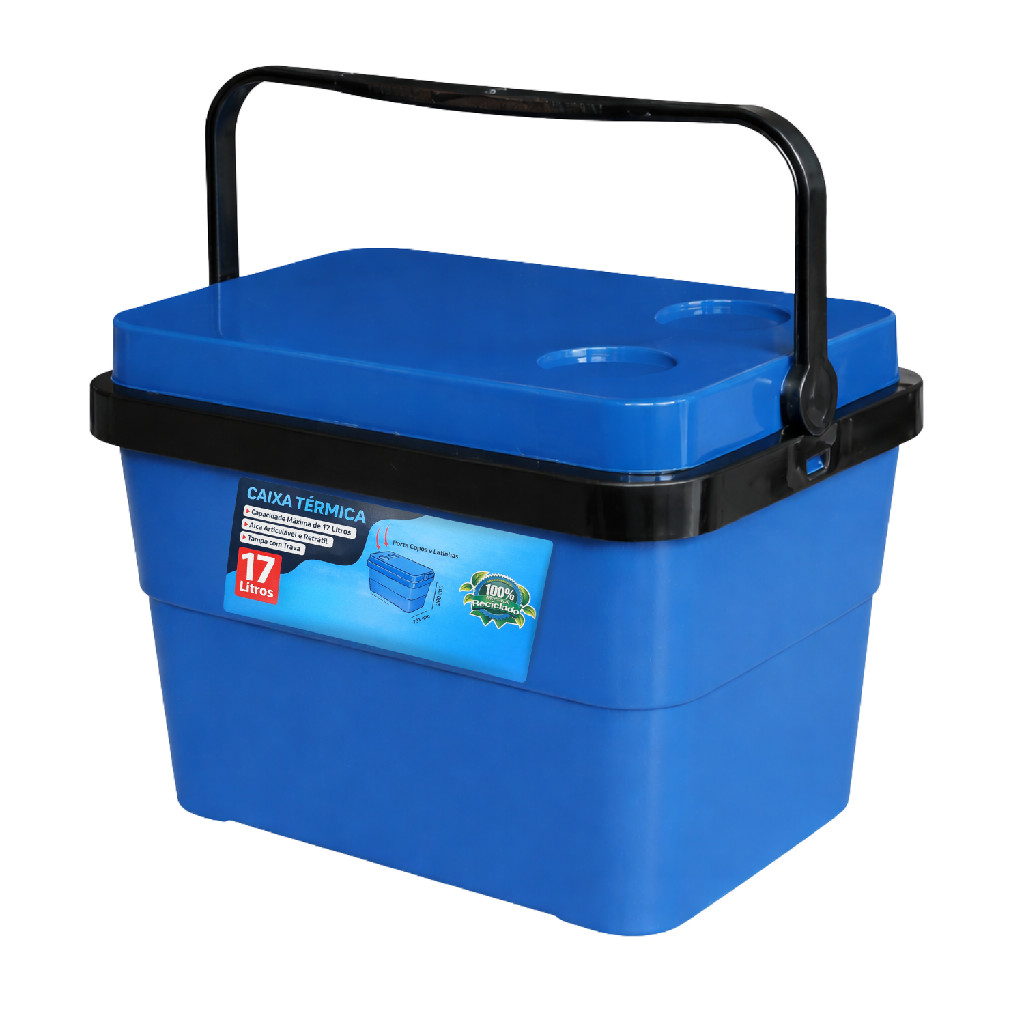 Cooler Caixa Térmica 17 Litros Com Trava e Alça Reforçada Porta Copos Cor Azul Praia Camping