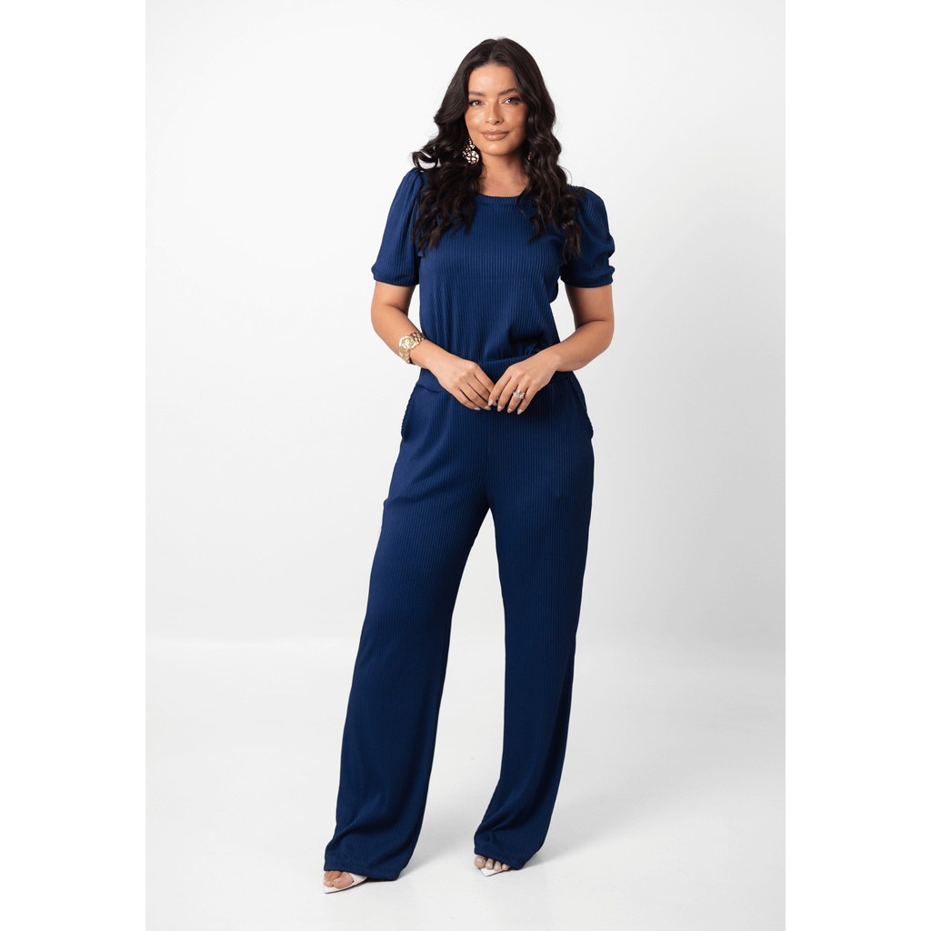 Conjunto Feminino Canelado Blusa Manga Curta + Calça Pantalona Cintura Alta Elegante - Larissa em Oferta na Shopee