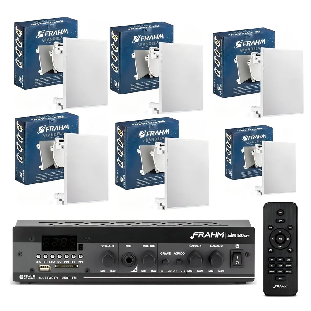 Kit Amplificador Receiver Bluetooth 5.0  Frahm SLIM 1600 + 6 Arandelas Teto 40W Branca - Frahm