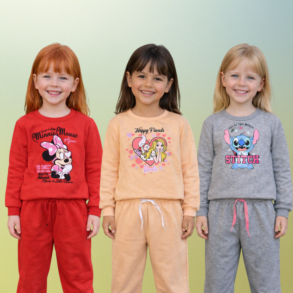 KIT3 Conjunto Agasalho Moletom Peluciado Menina Barbie Minnie Stitch 6 peças Moda infantil Inverno