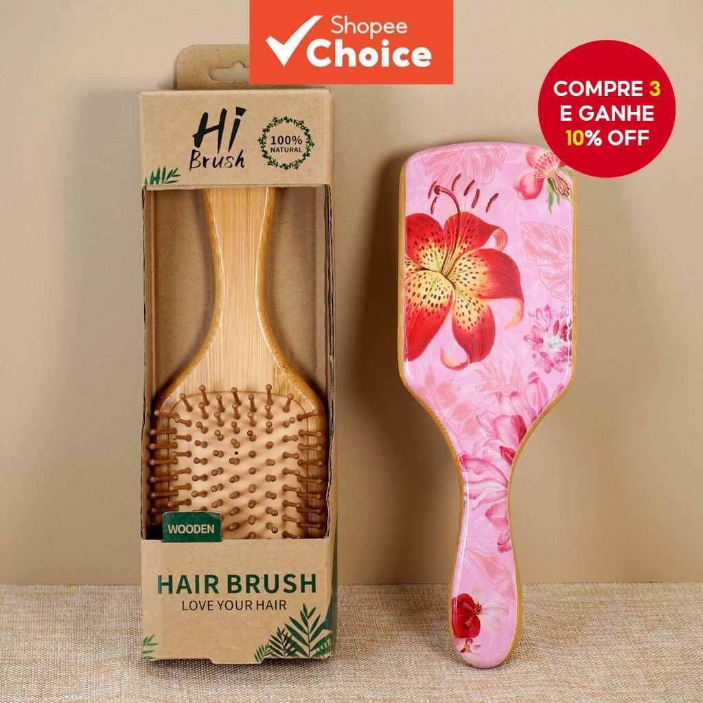 Conjunto de Escovas de Cabelo de Madeira Natural com Opção de Estampa Floral, Cabo de Bambu Ecológico, Massagem do