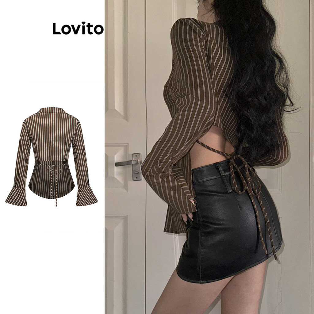 Lovito Blusa Casual Listrada Com Amarração Nas Costas E Manga Trompete Para Mulheres L106AD1249 em Oferta na Shopee