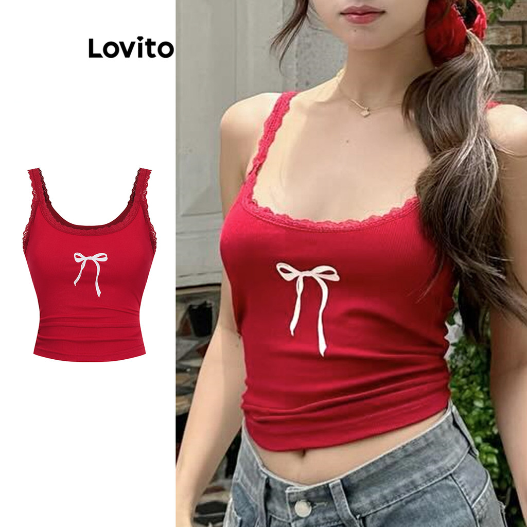 Lovito Regata Feminina Fofa Com Laço De Borboleta E Gola Contrastante Em Renda L101AD360 em Oferta na Shopee