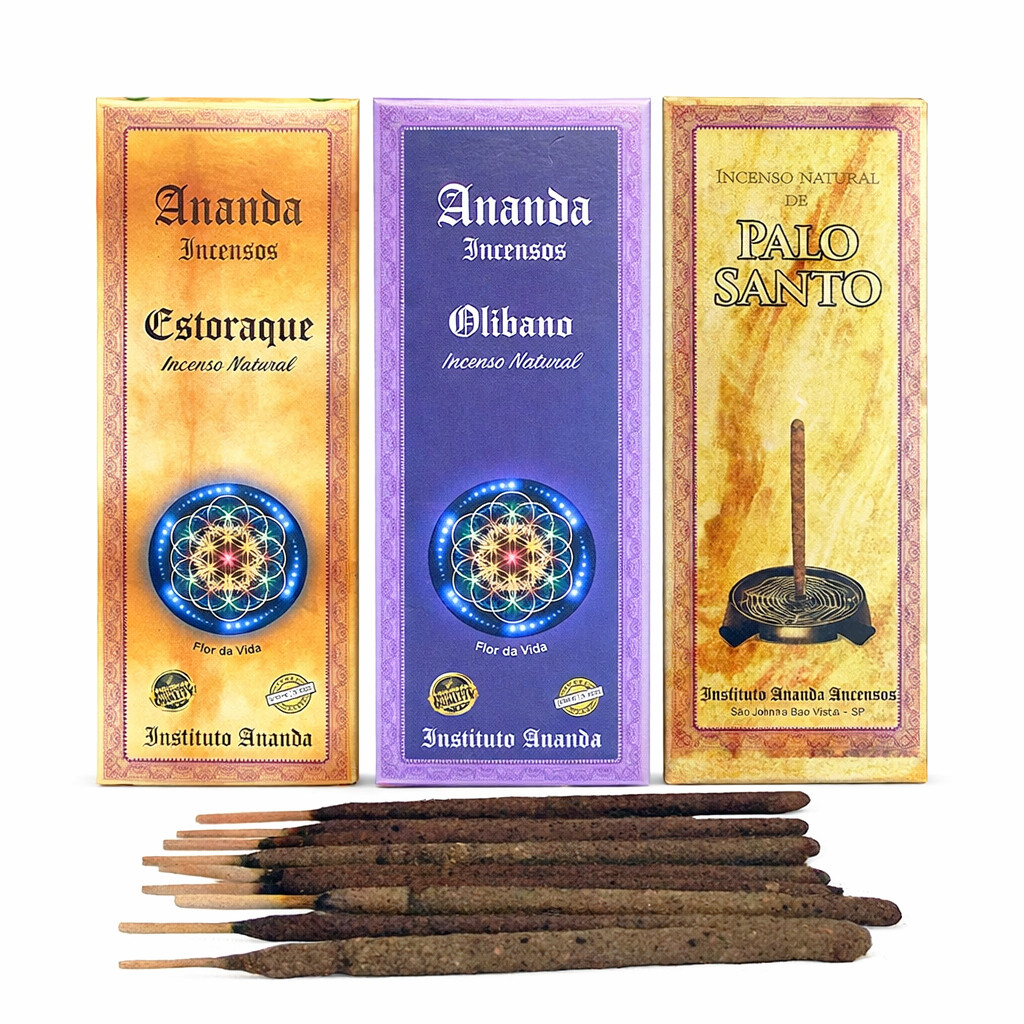 Kit 3 Incensos Ananda: Palo Santo, Olibano e Estoraque