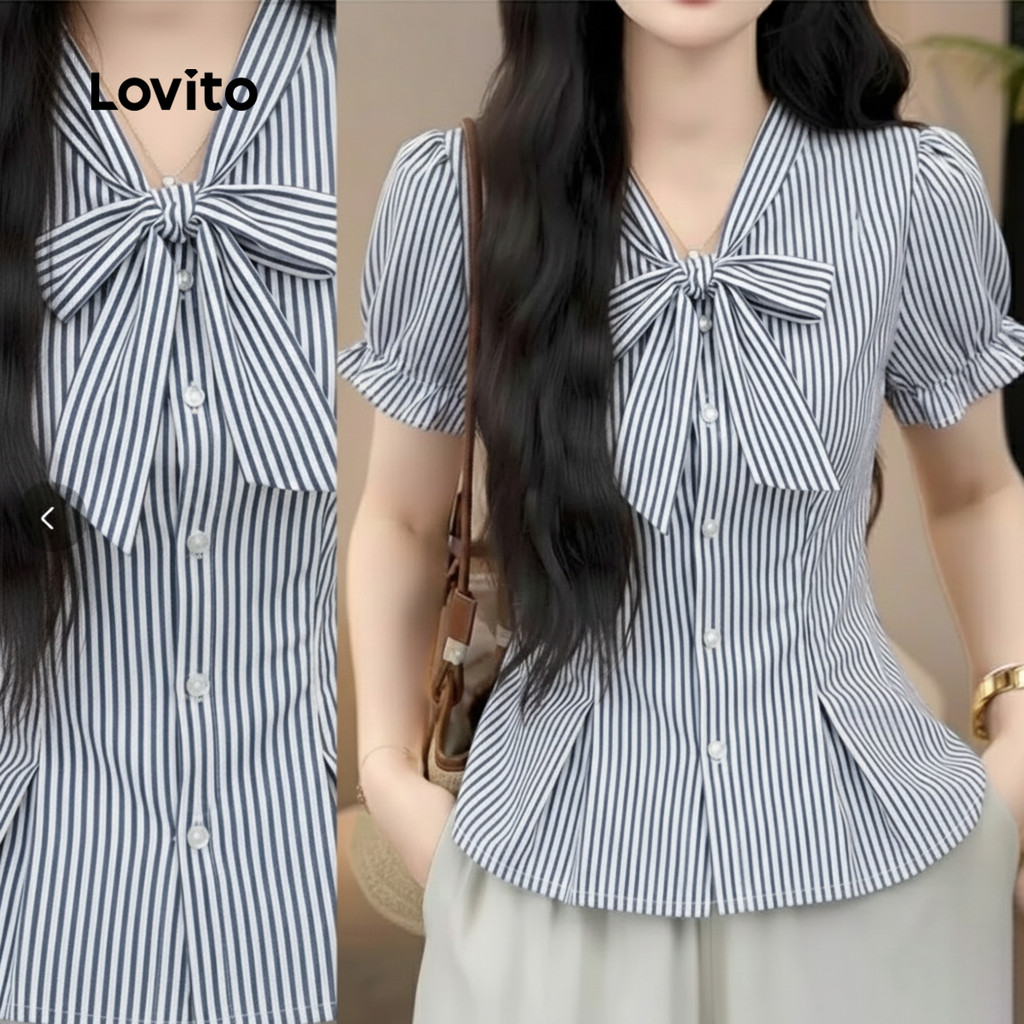 Lovito  Blusa Boho com Amarração Padrão Botão Frontal Primavera/verão Blusa Azul e Branca para Mulheres L177ED1054 em Oferta na Shopee