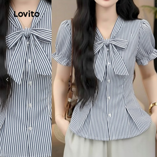 Lovito  Blusa Boho com Amarração Padrão Botão Frontal Primavera/verão Blusa Azul e Branca para Mulheres L177ED1054 em Oferta na Shopee