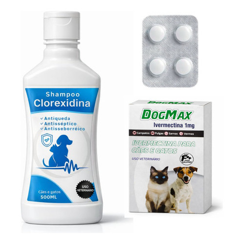 Ivermectina 1mg + Shampoo Clorexidina P/ Cães e Gatos Até 5kg - Tratamento Antiparasitário Vermífugo