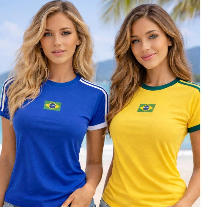 Kit 2 Camisa do Brasil Bandeira Feminina Baby look Estampada Algodão