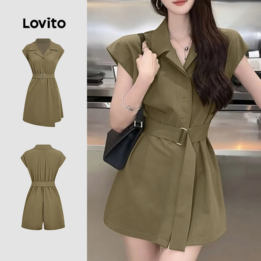 Lovito  Macacão Casual com Botões Na Frente e Cadarço Primavera/verão Verde Exército para Mulheres L171ED1049 em Oferta na Shopee