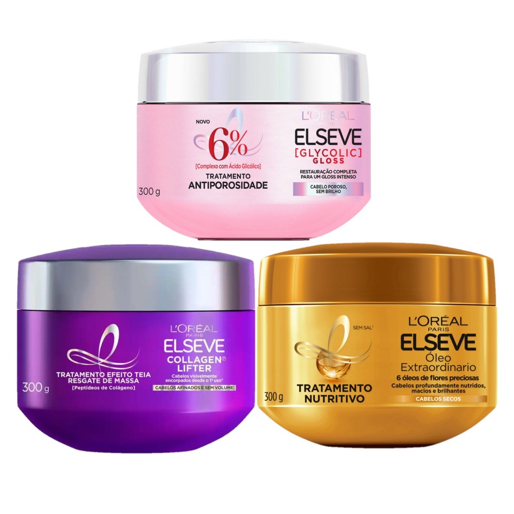 KIT ELSEVE MÁSCARA COLÁGENO + GLYCOLIC + OLEO EXTRAORDINÁRIO 300G em Oferta na Shopee