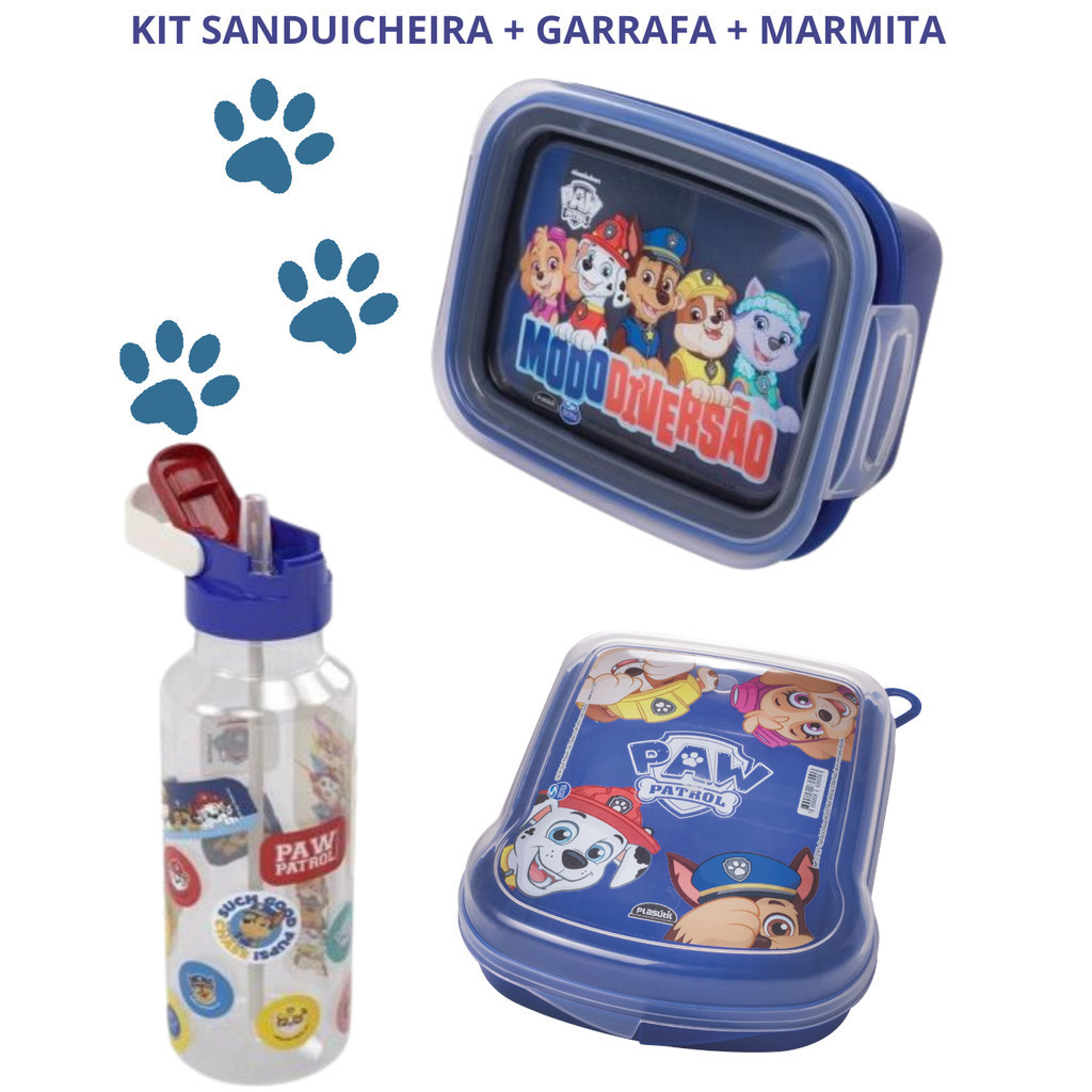 Kit Garrafa com canudo 600ml Sanduicheira Marmita 630ml Plasútil Lanche Escolar Patrulha Canina