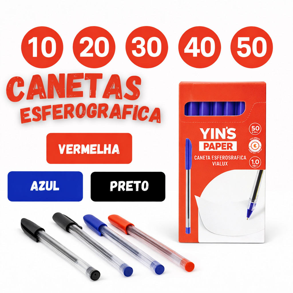 Caneta Azul Preta Vermelha 10|20|30|40|50 Esferográfica Escrita Fina Escola Escritório Papelaria