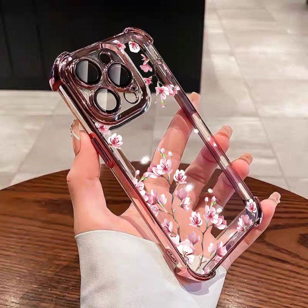 Capa Anti-Queda Transparente Para iPhone 16 15 14 Plus 13 12 11 17 Pro Max Air Flores De Ameixa Rosa de Luxo Capinha em Oferta na Shopee
