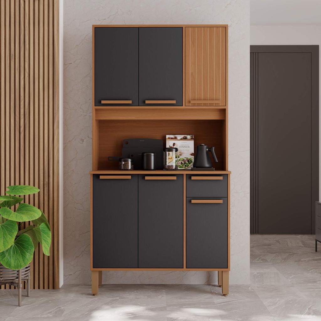 Armário De Cozinha Compacta Fidelitá Bari 90cm 6 Portas 1 Gaveta Com Tampo e Fun