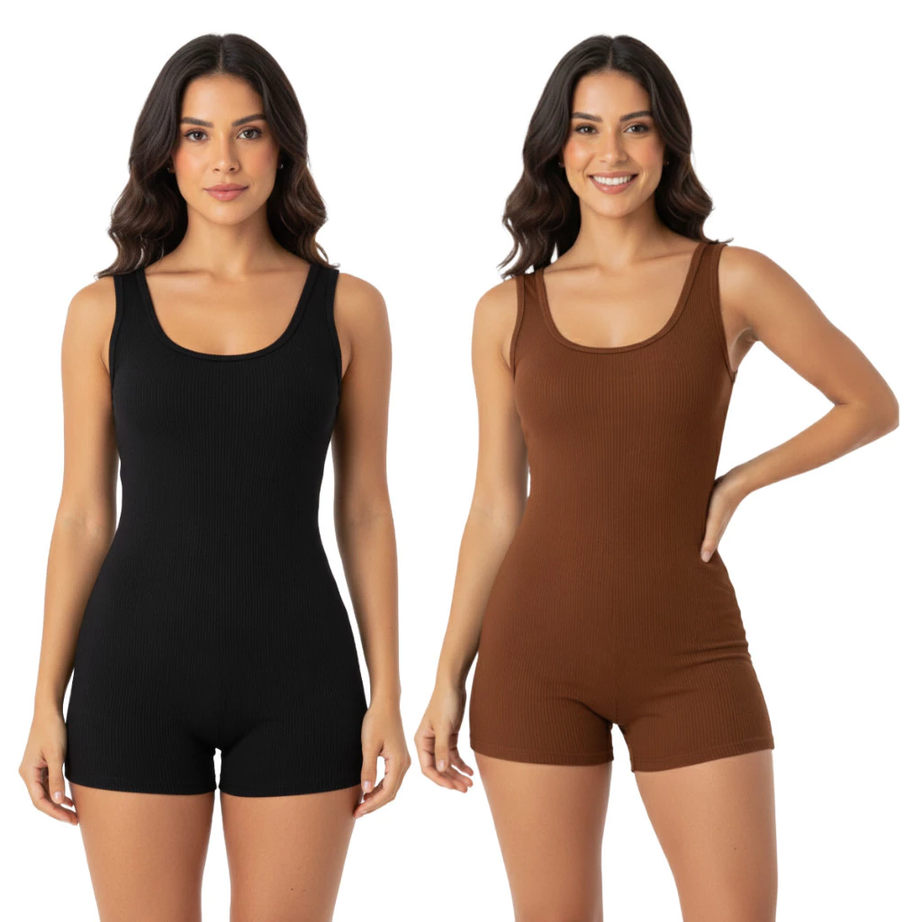 Kit 2 Macaquinhos Femininos Canelado Curto Anarruga Modelagem Ajustada Moda Tendência — imagem 1