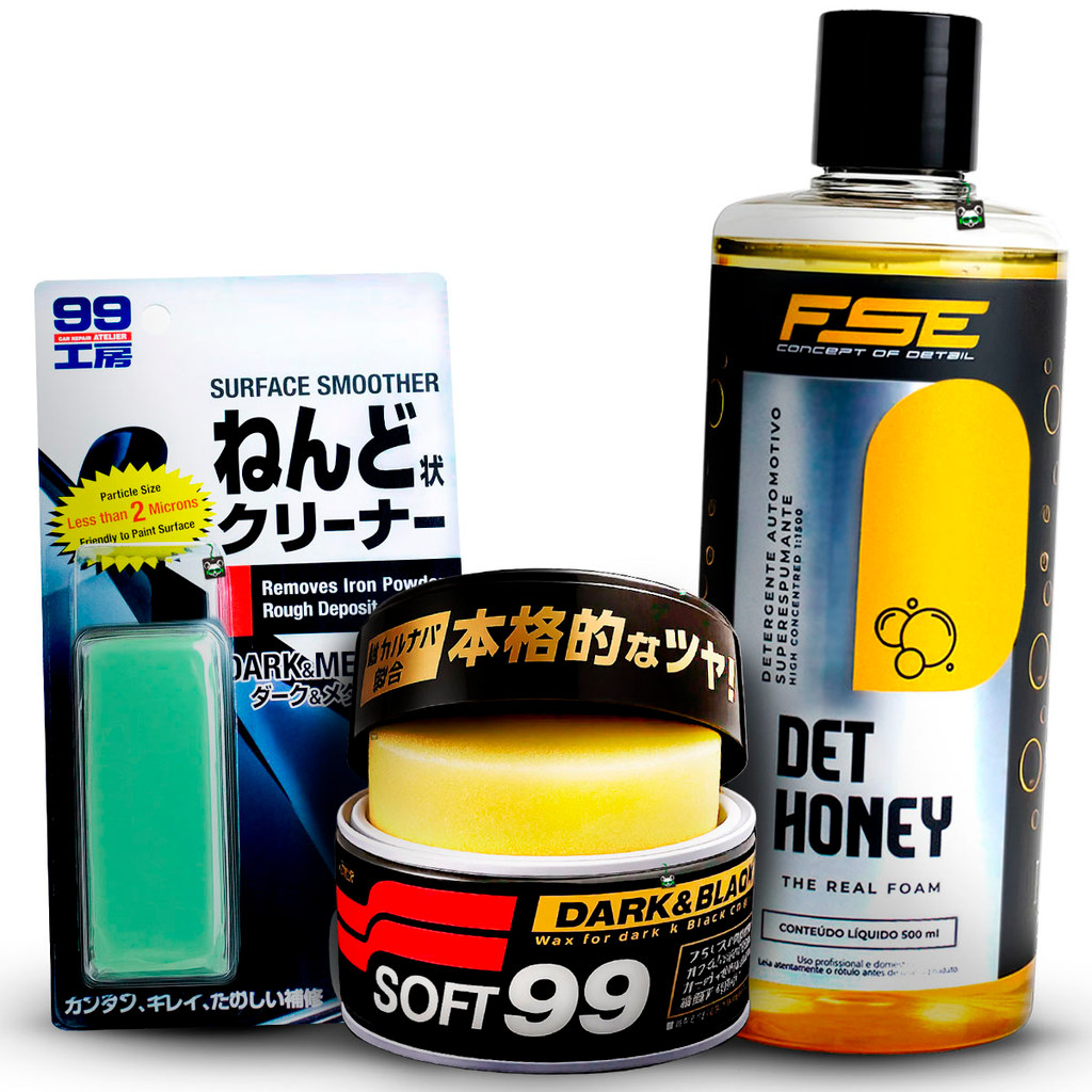 Kit Pintura Escura Clay Bar 150g + Shampoo Det Honey 500ml + Cera Carnaúba Dark & Black 300g Soft99
