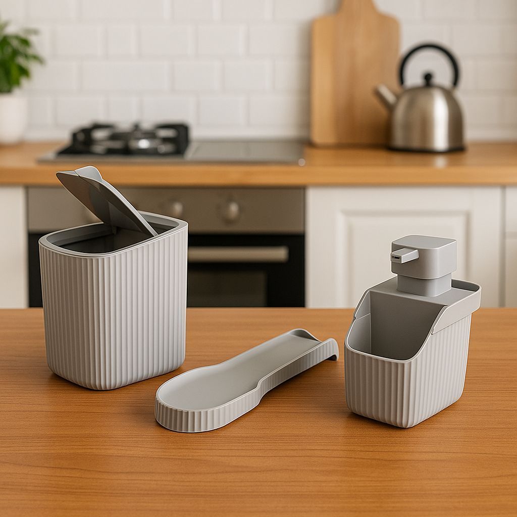 Kit Pia Cozinha Organizada Lixeira 3L Dispenser Detergente  Descanso De Colher G  Usual Utilidades em Oferta na Shopee