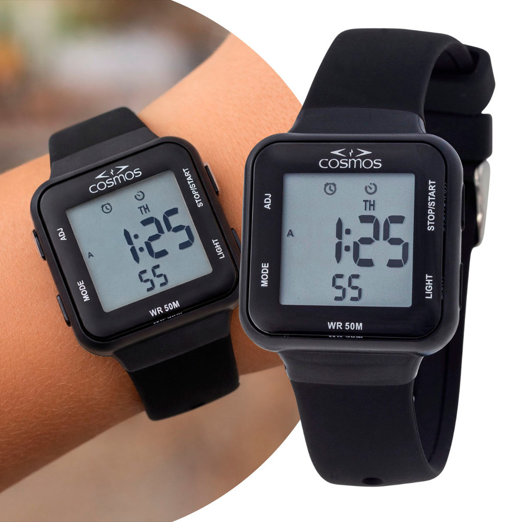 Relógio Infantil Digital Masculino Preto de Pulso Quadrado Pulseira Silicone à Prova D' Água Cosmos Original