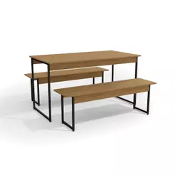 Conjunto: Mesa Sala Jantar Industrial LI013 c/ Tampo Madeirado 136x72cm c/ 2 Bancos Freijo/Preto - Kappesberg
