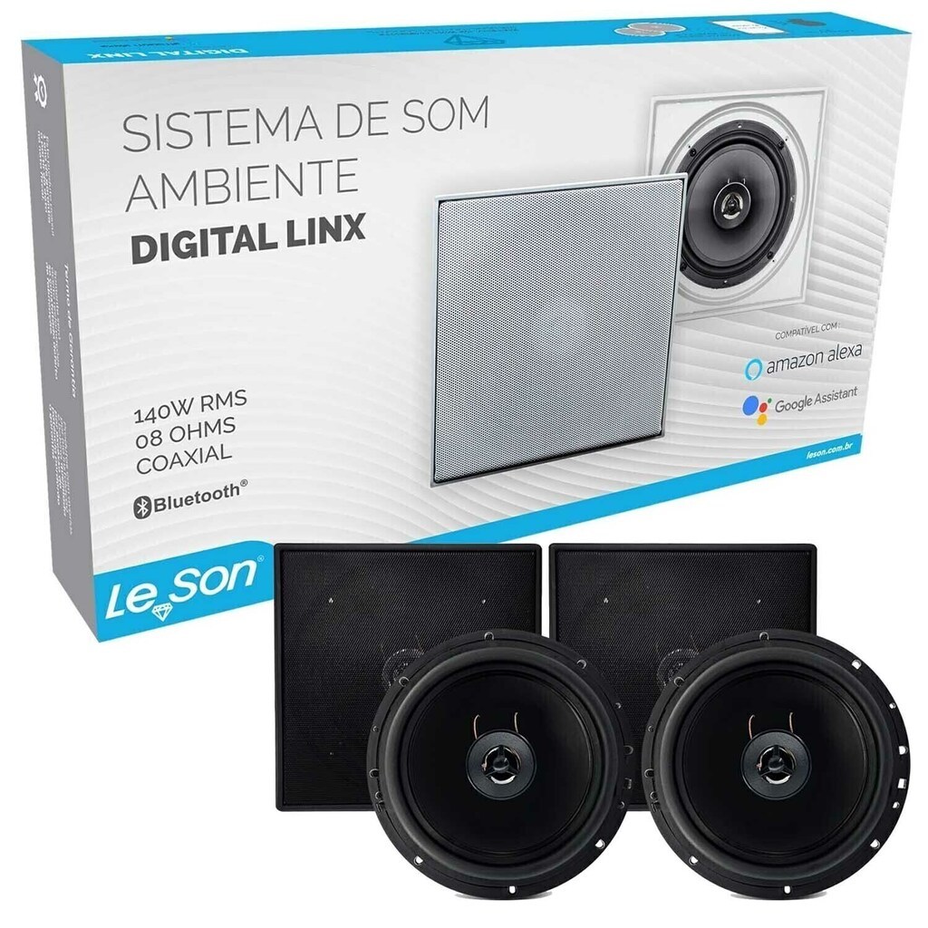 Sistema Som Ambiente p/ Embutir de Arandela Quadrada Preta 6" Bluetooth