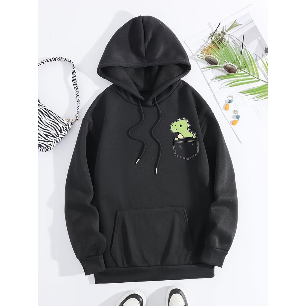 Blusa Casaco Moletom Frio Canguru Bolso Capuz Streetwear Casual Masculino Unissex Estampa Dinossauro Bolso Fofo Casual