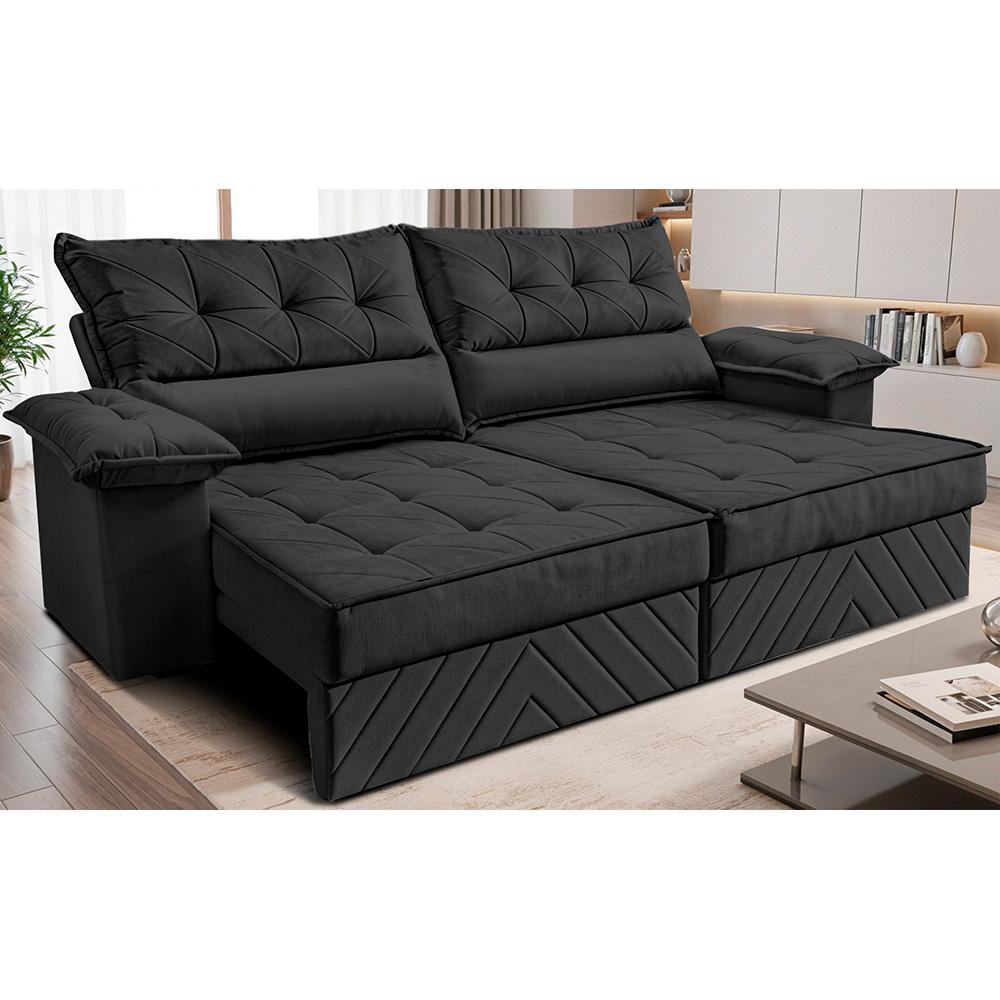 Sofá Retrátil e Reclinável 2,80m com Molas e Espuma D33 Thunder Velusoft Preto Cama inBox