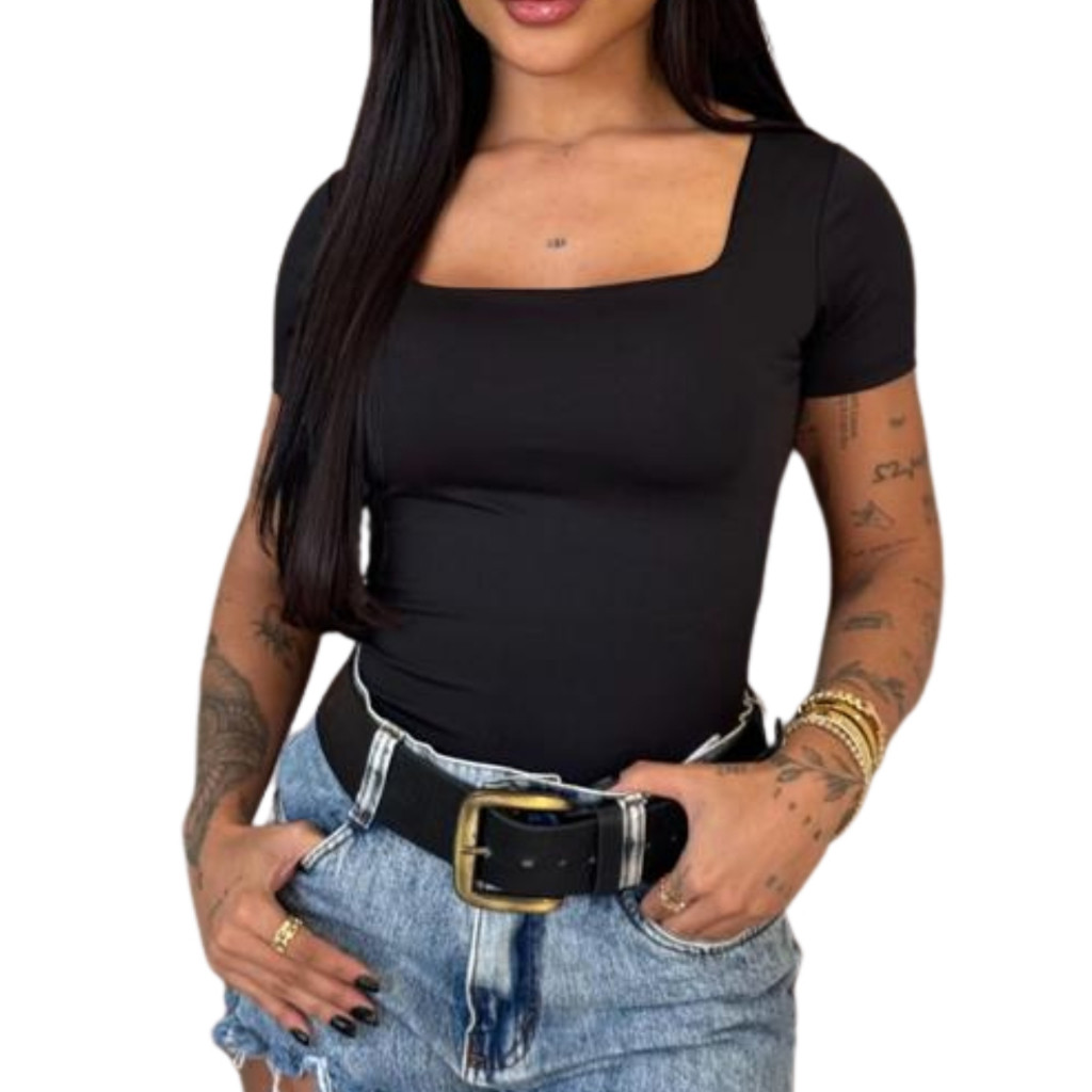 Blusa Baby Look Feminina Básica Com Decote Quadrado Com Manga Curta Moda Casual Versátil Blogueira