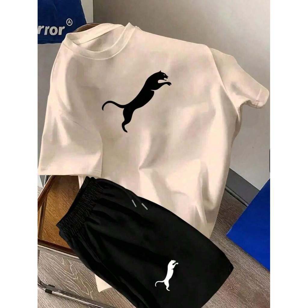 Kit 2 Peças Camiseta Masculina e Short Casual de Verão Masculino leop Tactel Verão Lançamento