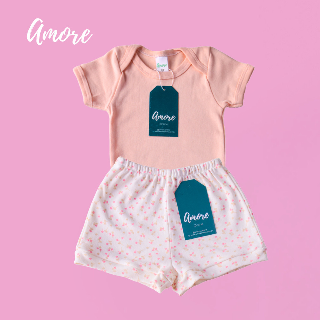 Conjunto Body Manga Curta Amore Salmão e Short Flor 100% Algodão