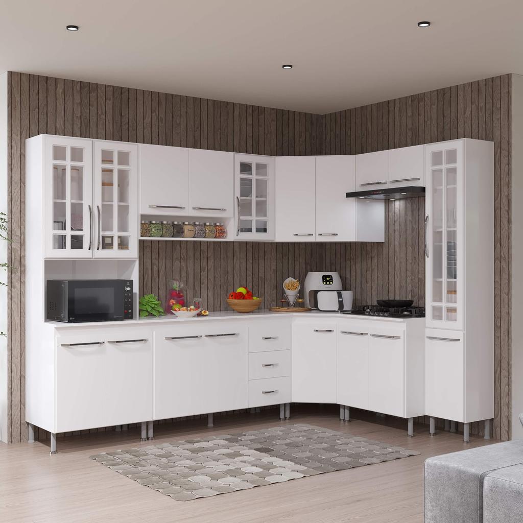 Cozinha Modulada Completa Fidelitá Viena 8 Peças 445cm 18 Portas 3 Gavetas Com Tampo Branco em Oferta na Shopee