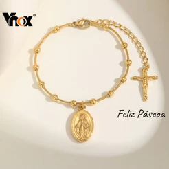 Vnox Páscoa 2026 Virgem Jesus Cruz Pulseira De Corrente Com Contas De Ouro 18k Para Mulheres , Joias De Catolicismo Pres