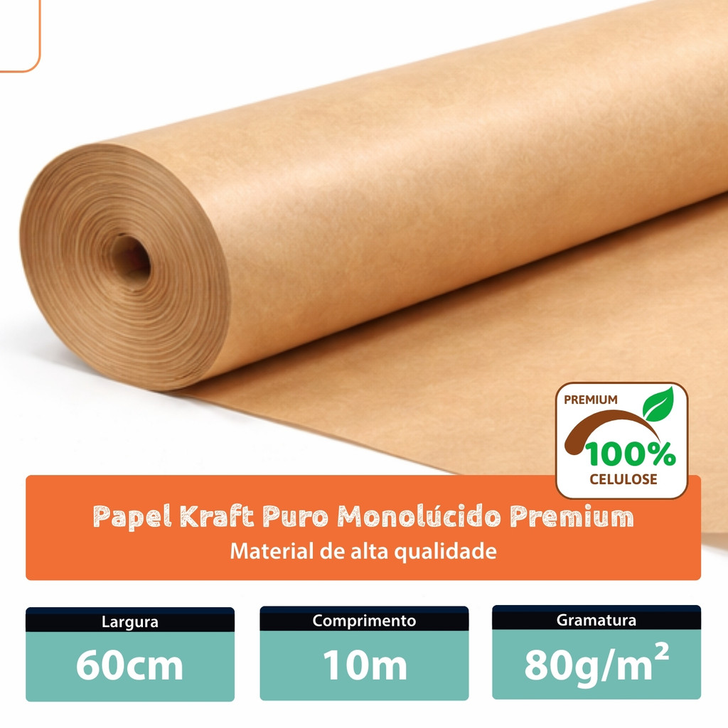 Papel Kraft 80g Com 60cm De Largura x 10 Metros De Comprimento Para Embalagem Monolúcido Premium
