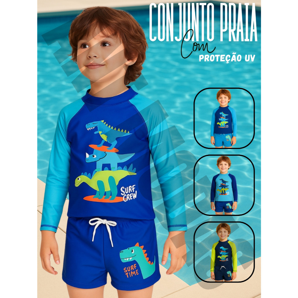 Sunga Juvenil Menino UV 50+ Proteção Solar Com Camiseta Manga Longa e Sunga Verão Praia Piscina