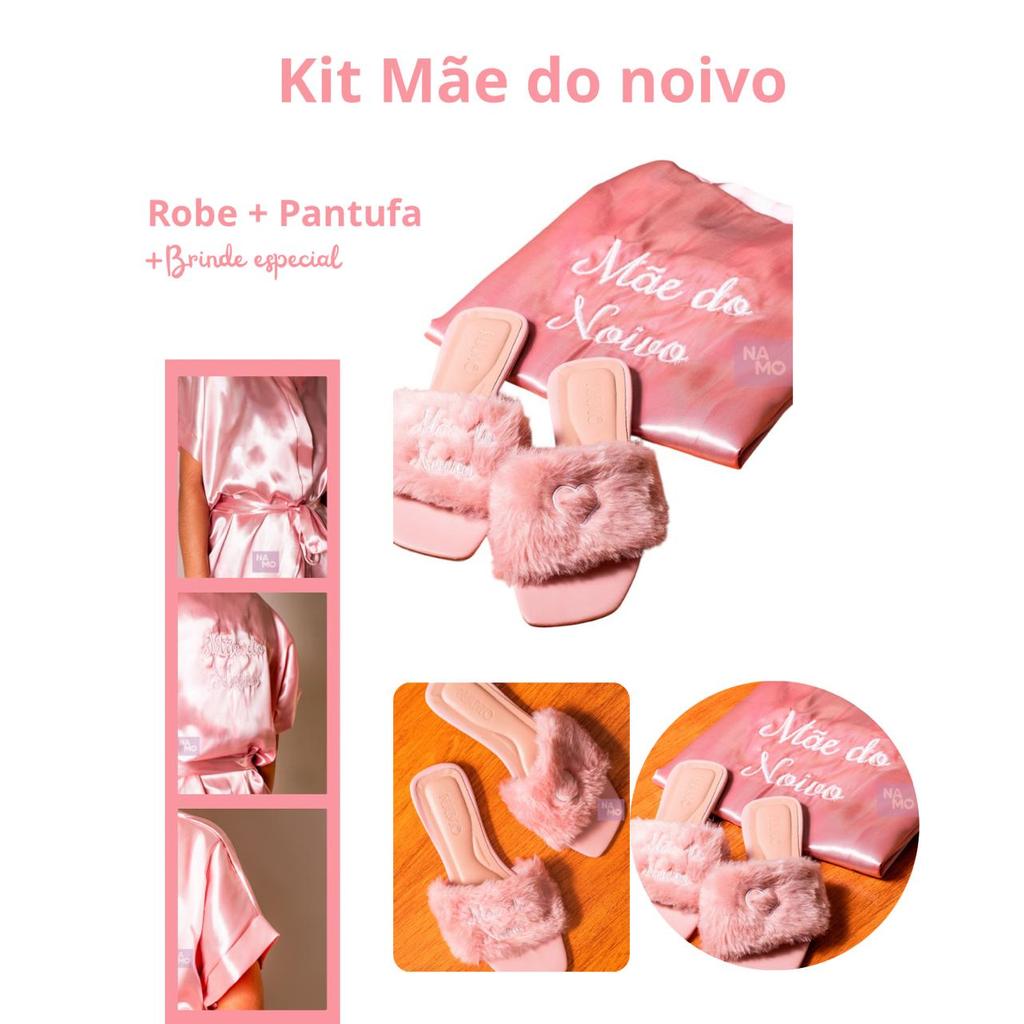 Kit Especial Mãe do Noivo Robe Rose Gold em Cetim com Pantufa Pelúcia Bordada