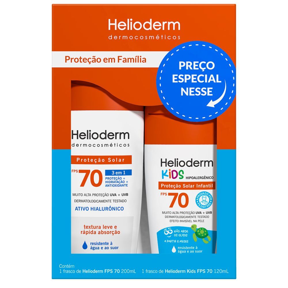 Kit Protetor Solar Proteção em Família Helioderm 3 em 1 FPS 70 com 200ml e Protetor Solar Kids FPS 70 com 120g em Oferta na Shopee