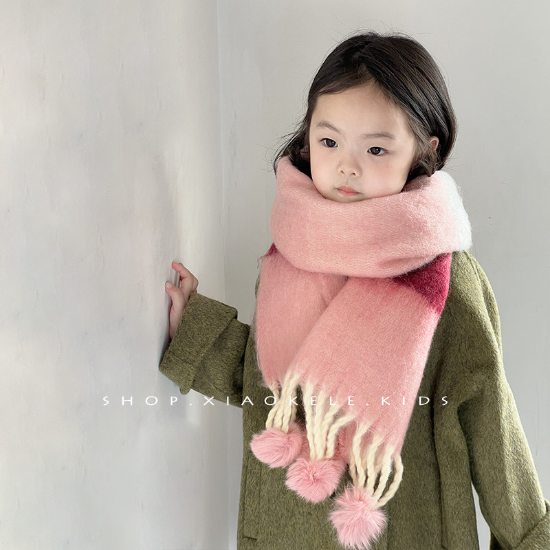 Crianças cachecol de inverno colorido xadrez imitação de caxemira cachecol quente bebê menina longo bonito bola de pele 