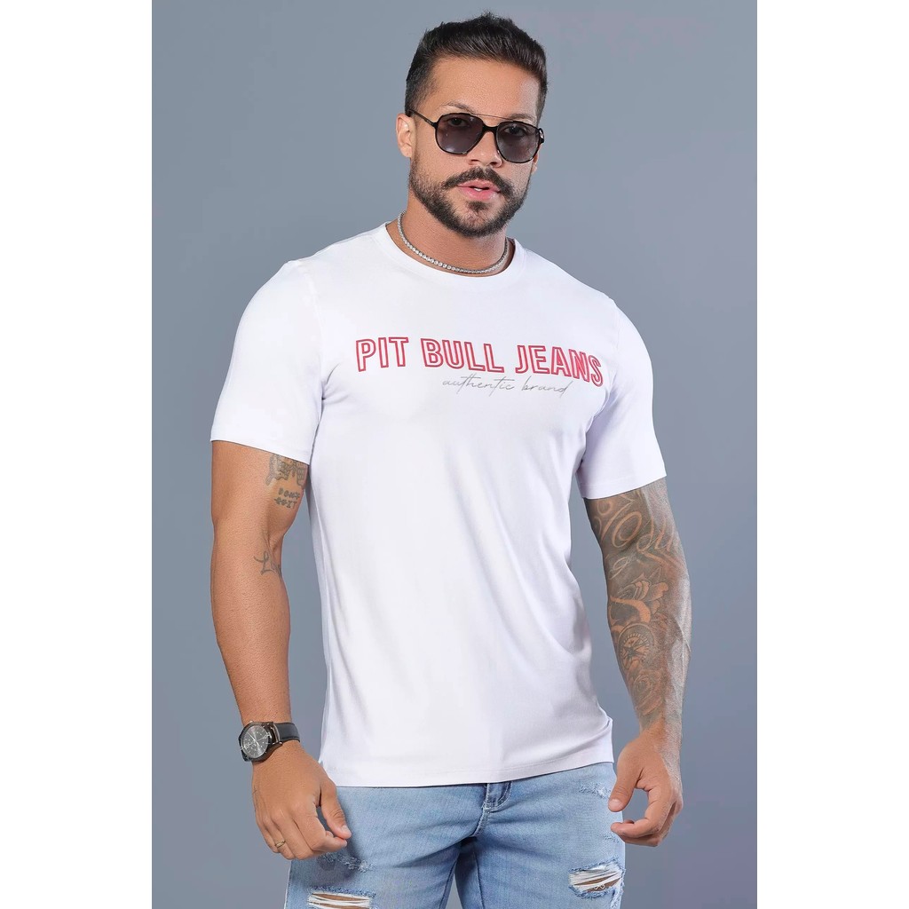 Camiseta Branca Masculina Estampa em Relevo e Detalhes Vermelhos Pit Bull 88224