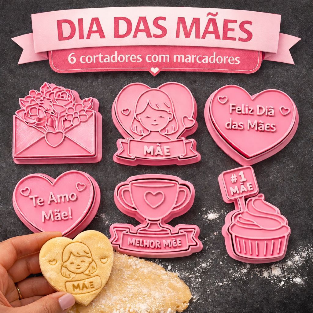 Kit de 6 Cortadores de Biscoito Dia das Mães com Puxador molde cortador para biscoito utensílios para confeitaria