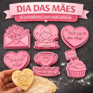Kit de 6 Cortadores de Biscoito Dia das Mães com Puxador molde cortador para biscoito utensílios para confeitaria em Oferta na Shopee