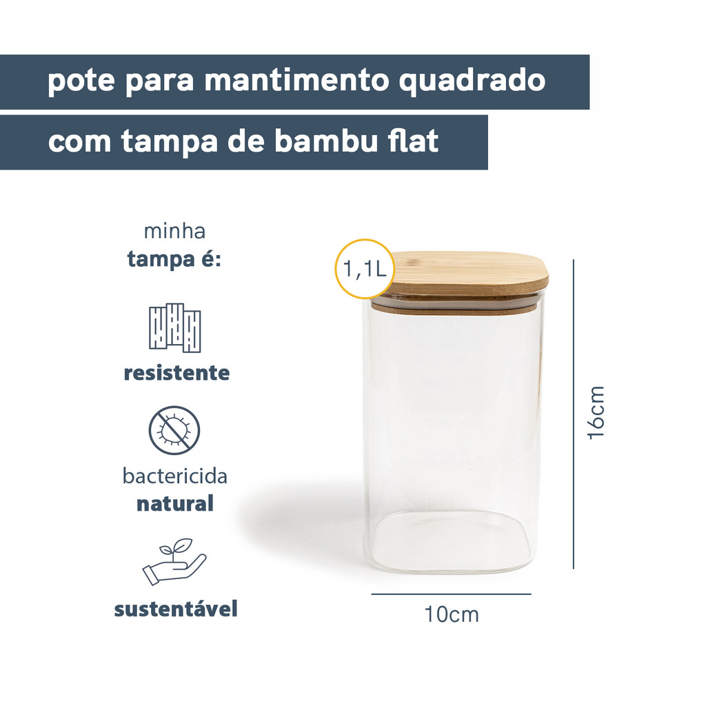Pote de Mantimentos Quadrado Flat 1100ml Tampa Bambu - Oikos · foto 2