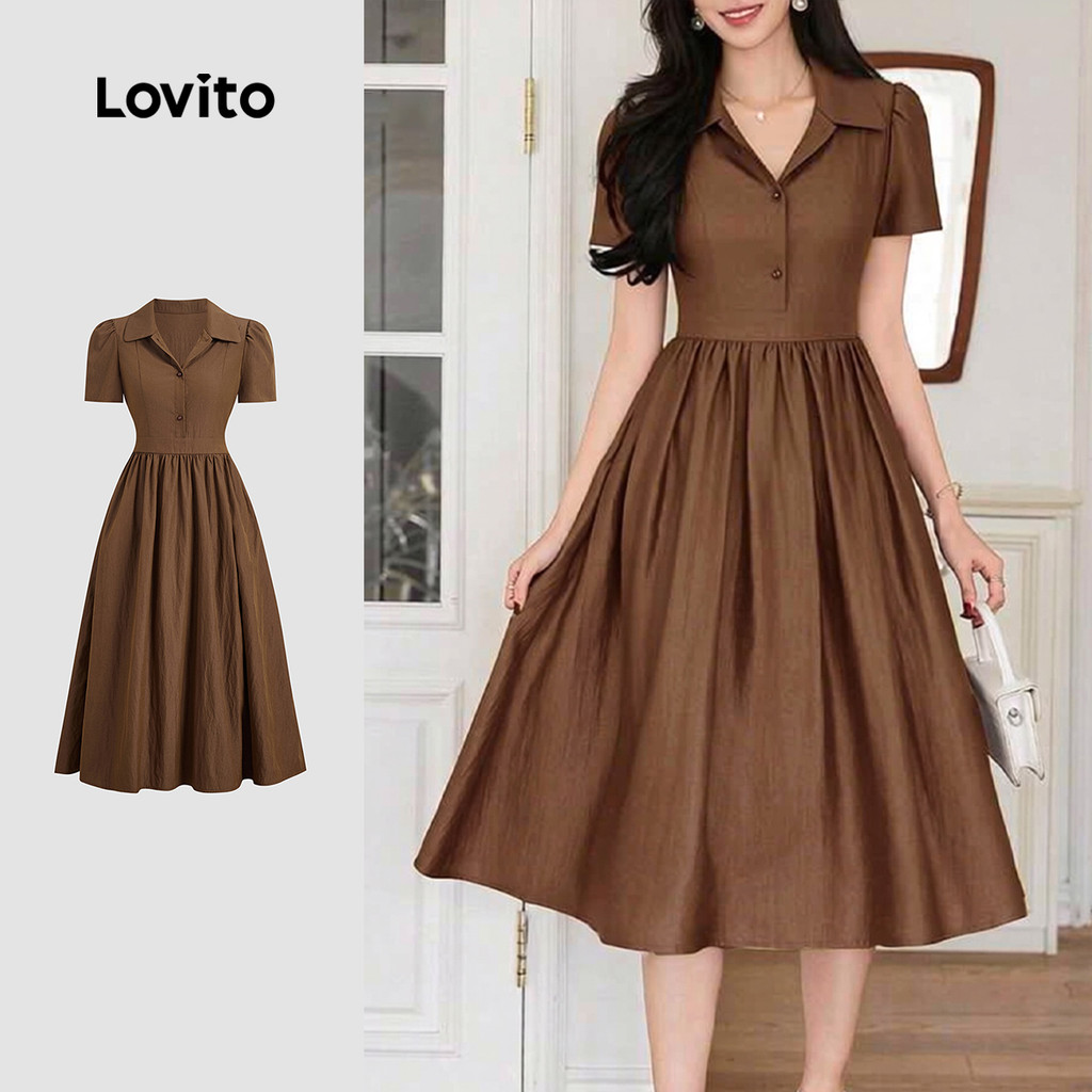 Lovito Vestido Casual de Trapeado com Pregas  Botões  Primavera/verão  Marrom para Mulheres L243AD1875 em Oferta na Shopee