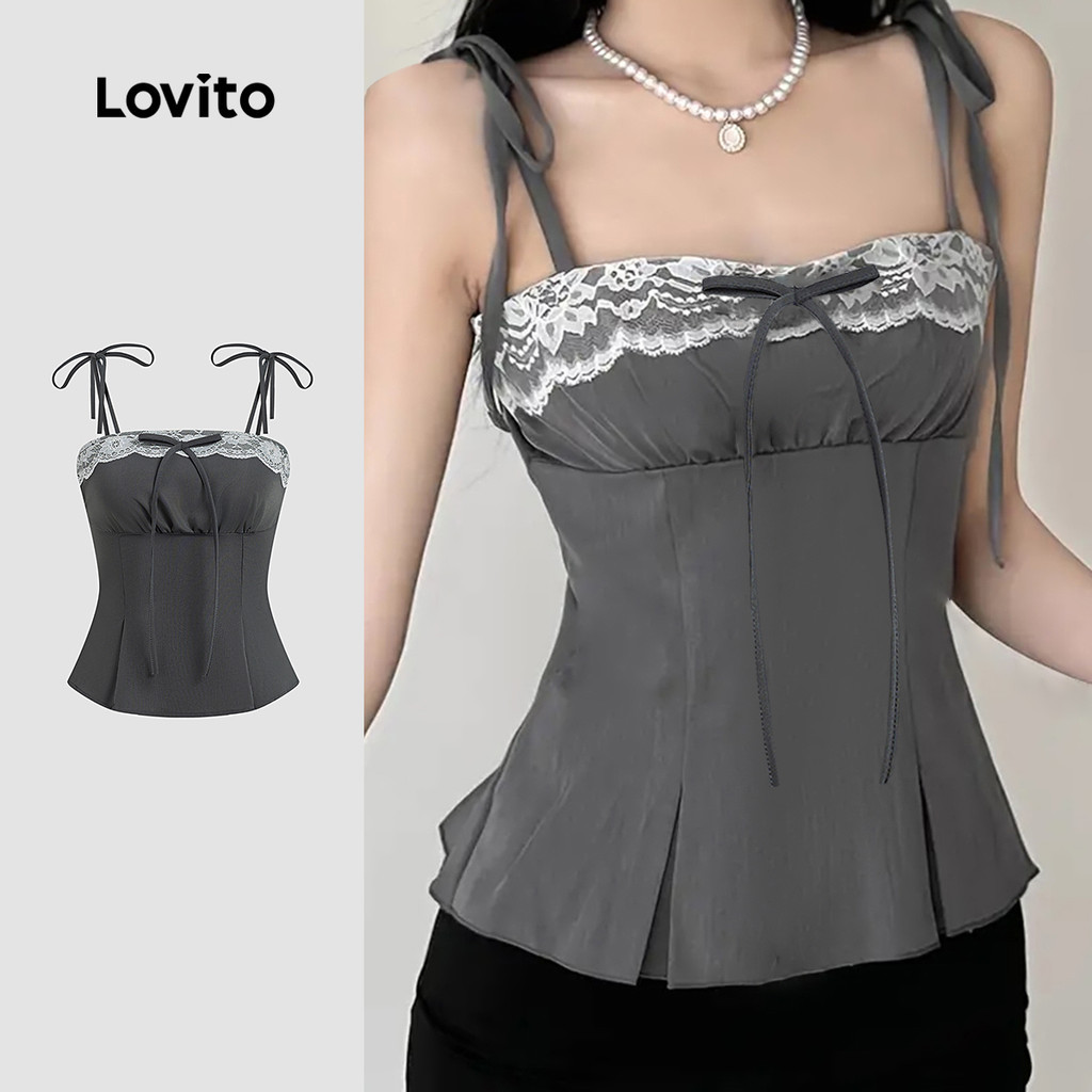 Lovito Casual Top Fofo de Renda com Pregas para Primavera/verão Cinza para Mulheres Bordado LK2AD1144
