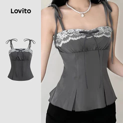 Lovito Casual Top Fofo de Renda com Pregas para Primavera/verão Cinza para Mulheres Bordado LK2AD1144