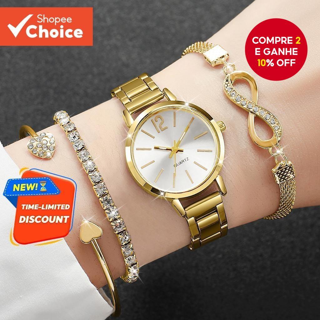 Conjunto Elegante De Relógios Femininos De 4 Peças : Analógicos De Quartzo Sim ple Com Pulseiras Da Moda Para Todas As O